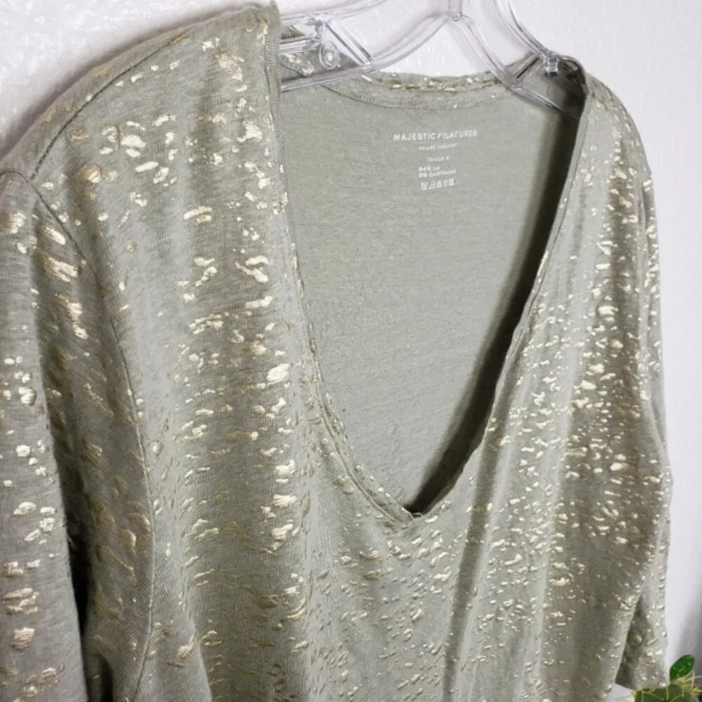 Majestic Filatures Stretch Linen Metallic Novelty 3/4-Sleeve Blouse Top size L